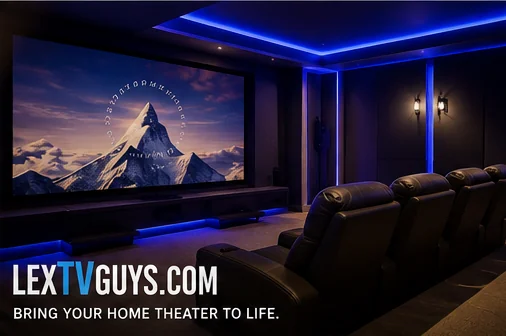 Lexington TV Guys home theater banner — a large screen and tiered seating in a dedicated theater room