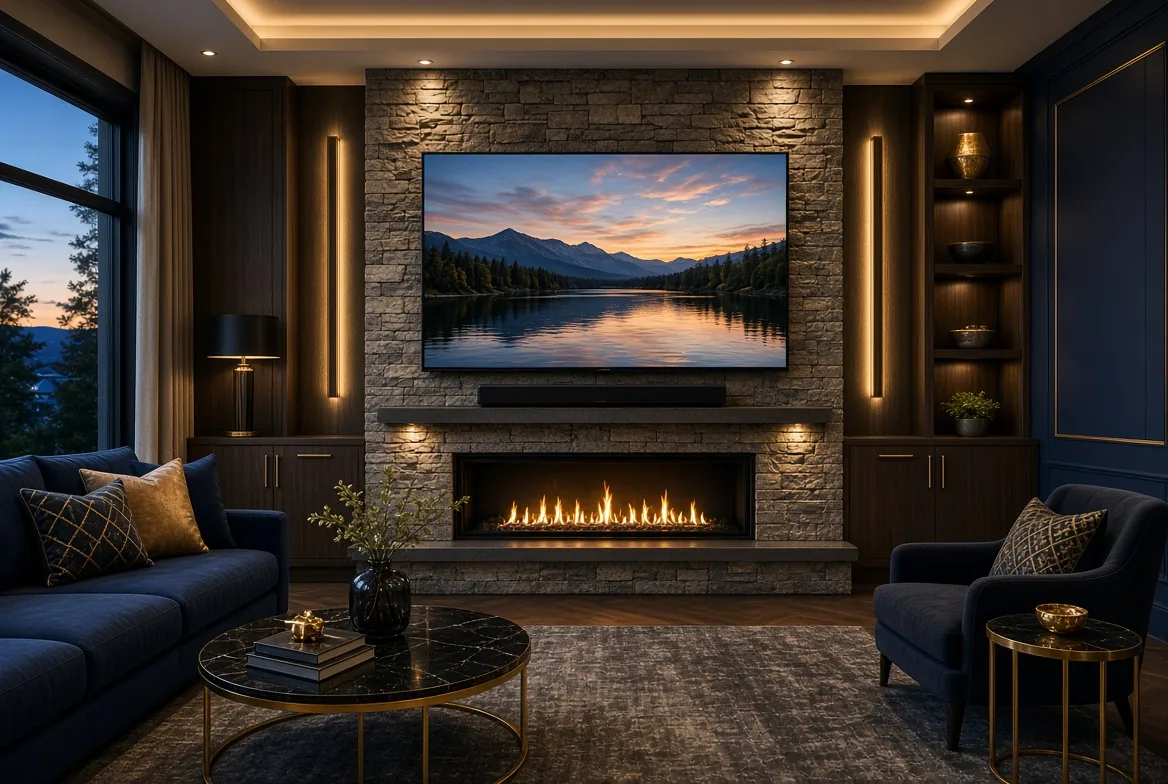 A large flat-screen TV mounted above a stone fireplace in a modern living room, with a soundbar below and cables concealed